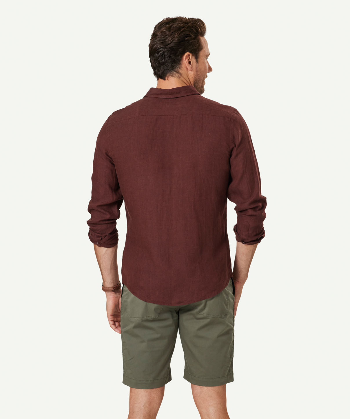 Tailored Pure French Linen Long Sleeve Shirt - Dark Red - Long Sleeve 