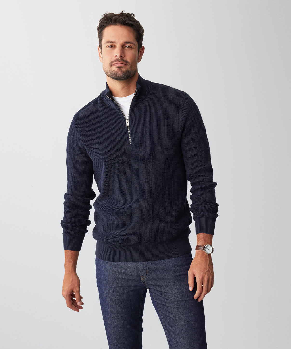 Waffle Half Zip Knit - Navy - Knitwear - GAZMAN