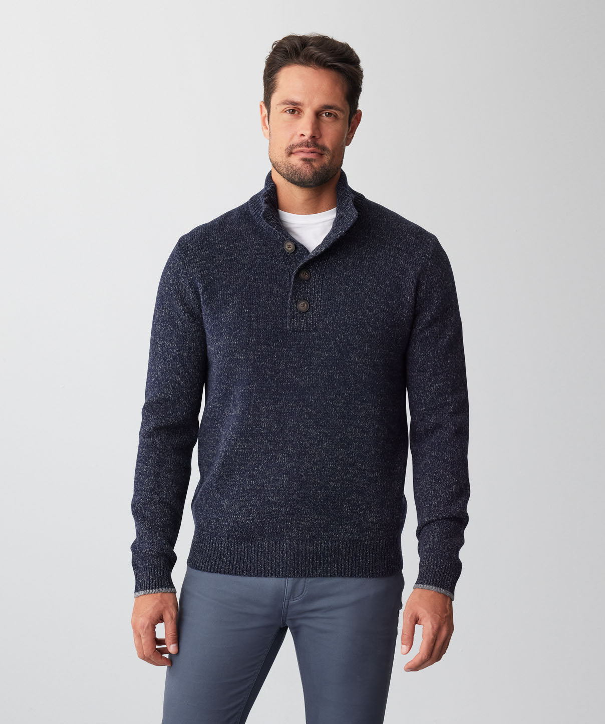 Wool Blend Button Neck Knit - Navy - Knitwear - GAZMAN