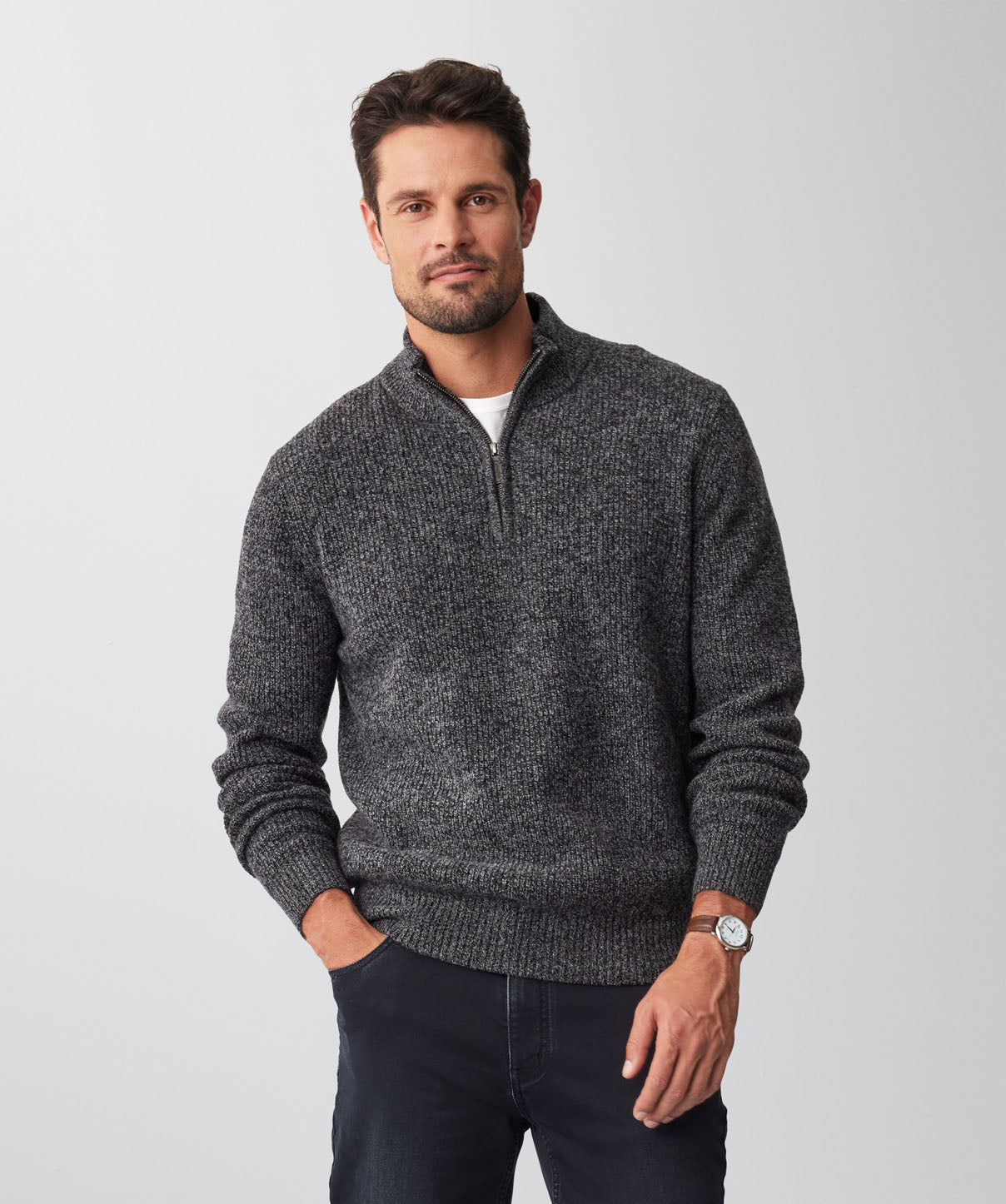 Wool Blend Half Zip Knit - Charcoal - Knitwear - GAZMAN