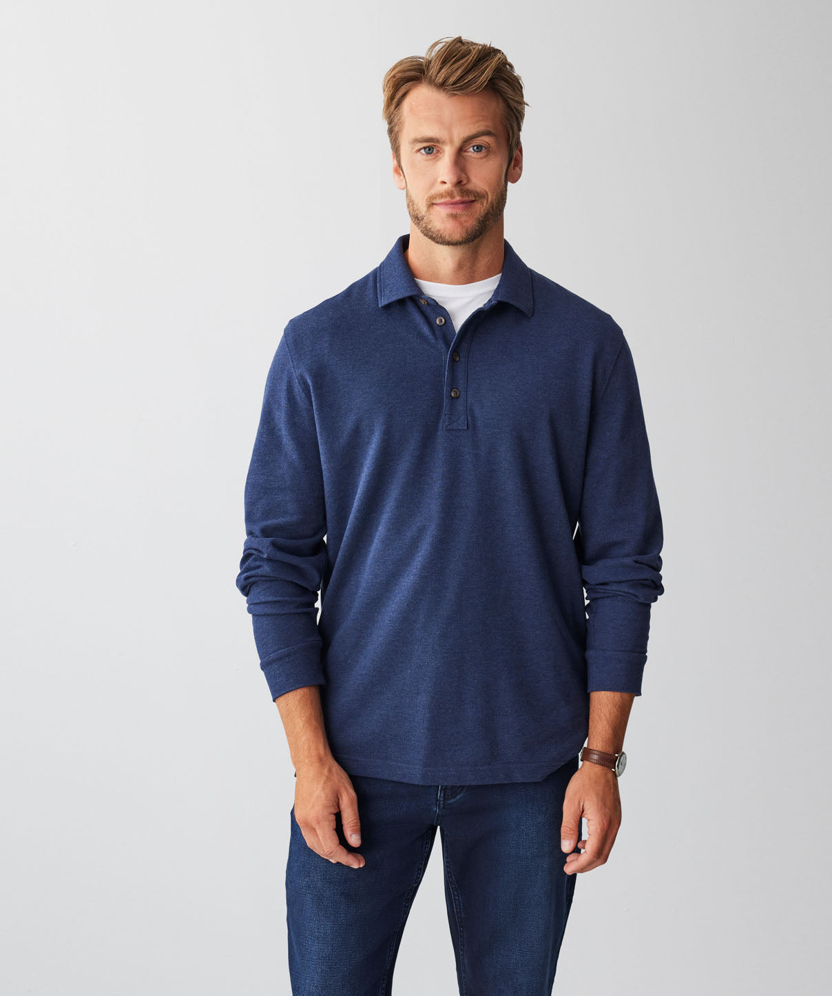 Long Sleeve Pique Polo - Navy - Polos - GAZMAN