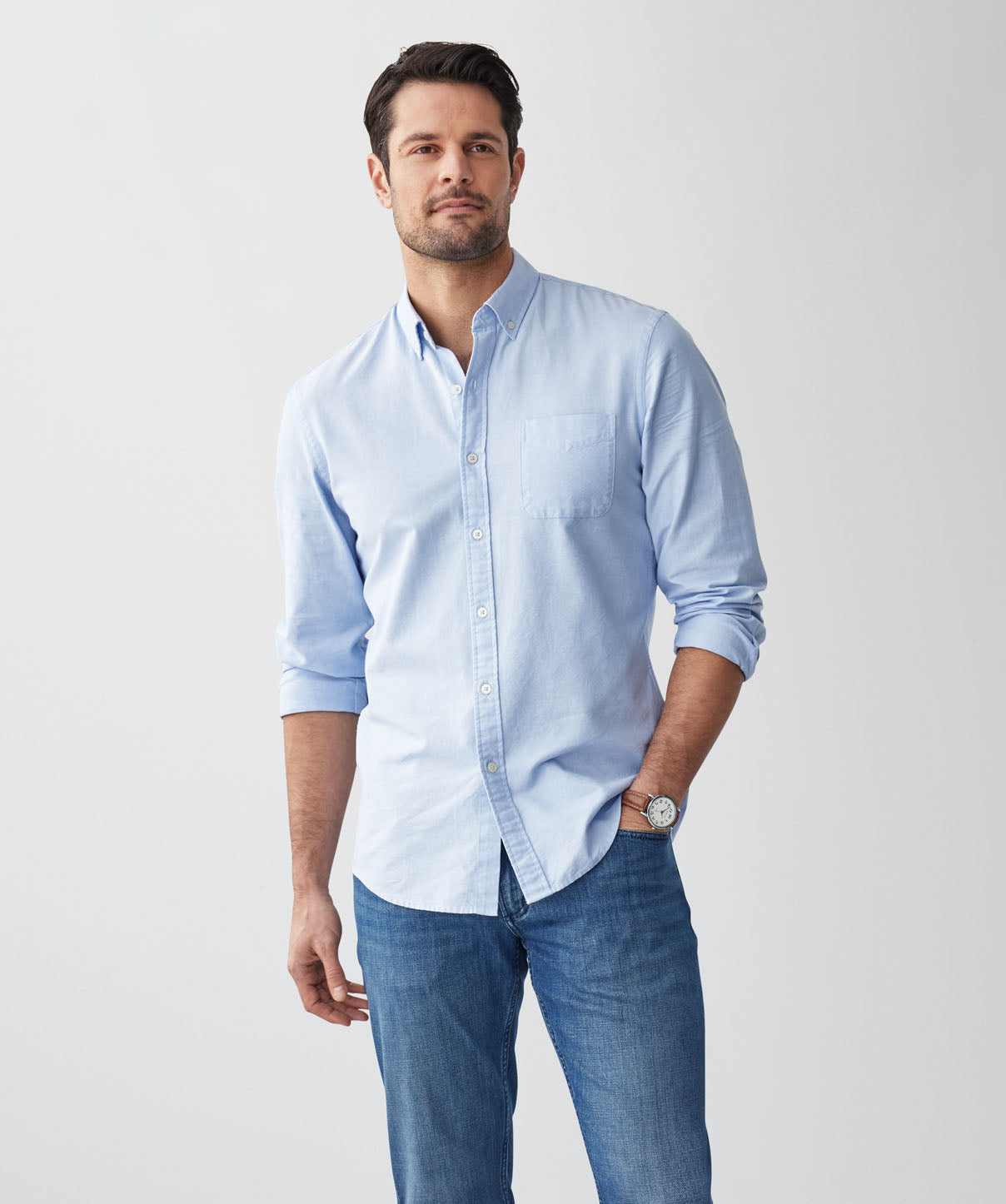 Tailored Plain Casual Oxford Long Sleeve Shirt - Blue - Long Sleeve ...