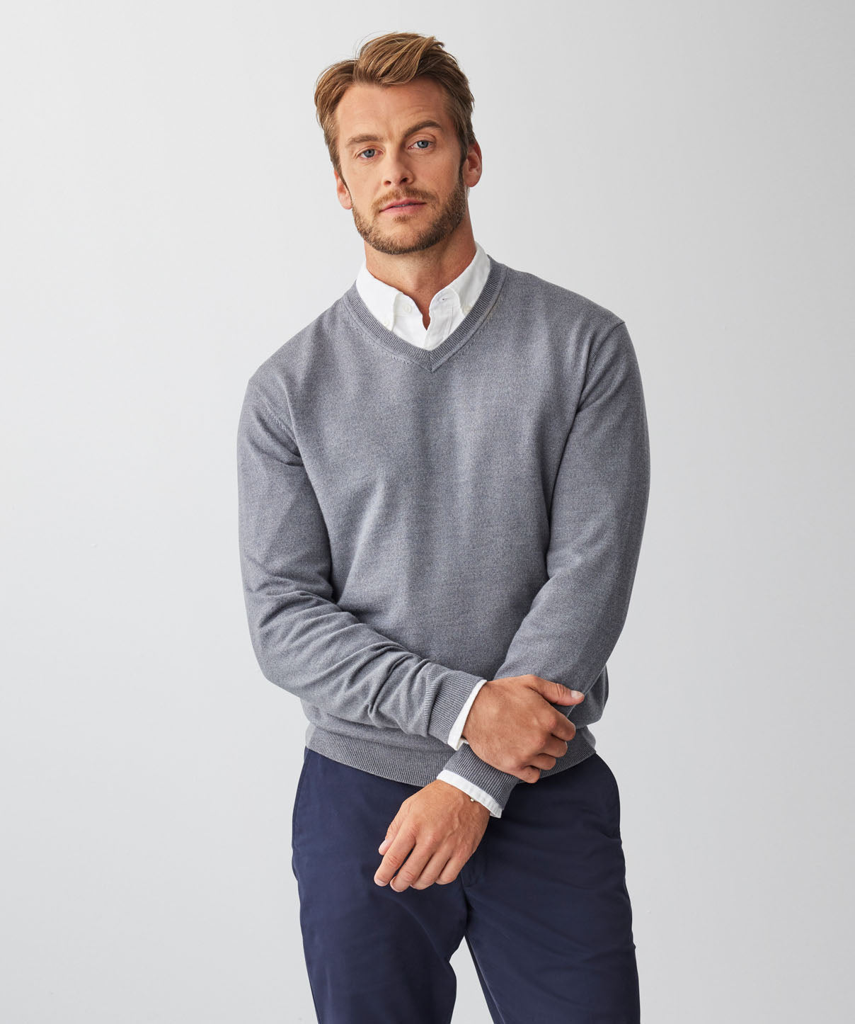 Merino V Neck Knit - Grey Marle - Knitwear - GAZMAN