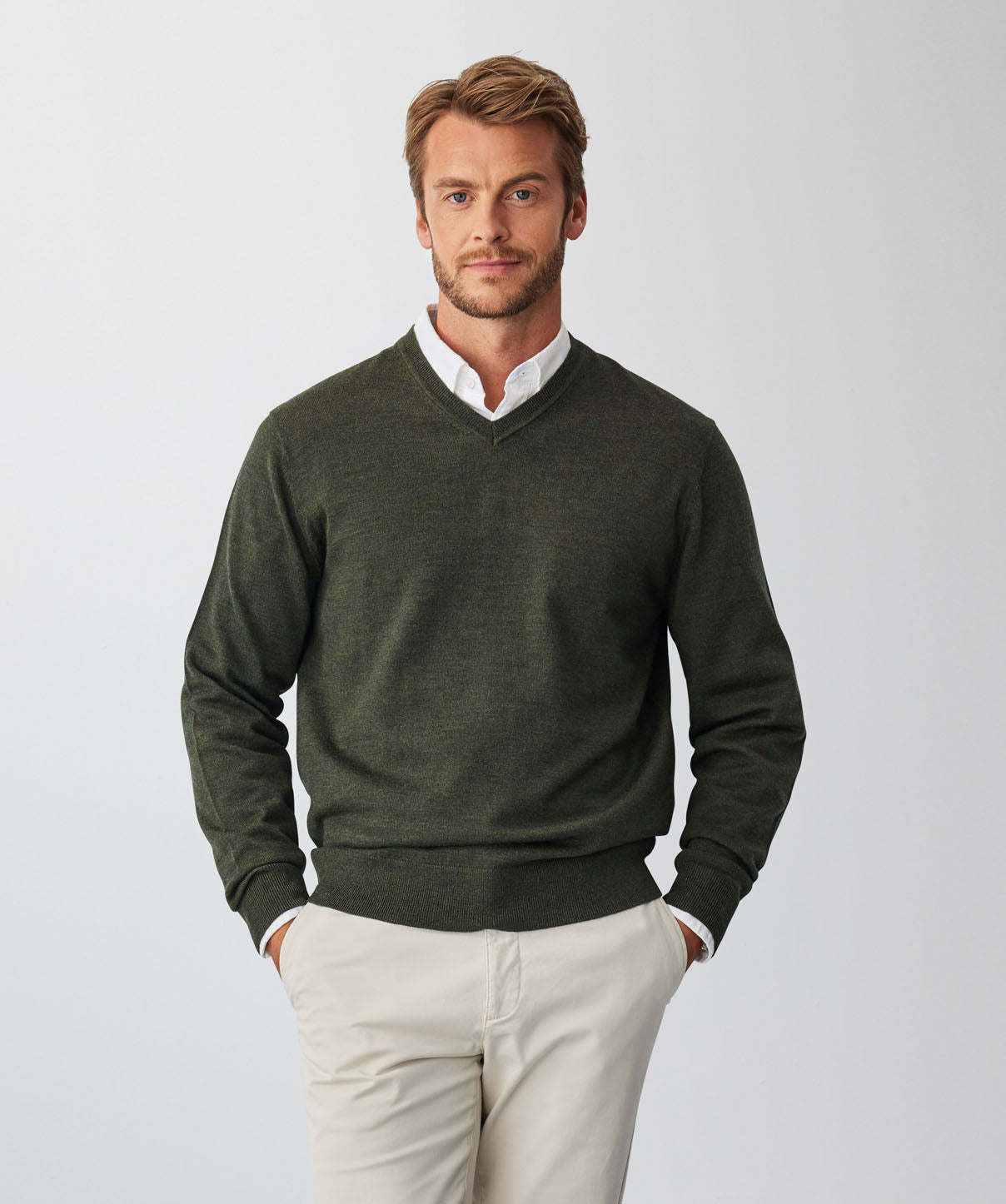 Merino V Neck Knit - Moss - Knitwear - GAZMAN