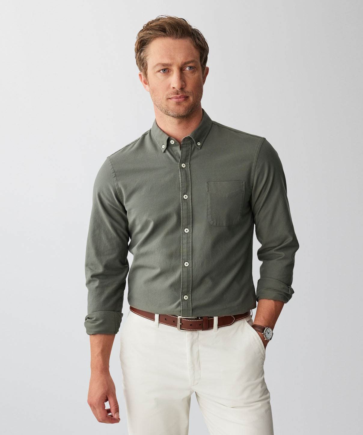 Tailored Plain Casual Oxford Long Sleeve Shirt - Khaki - Long Sleeve ...