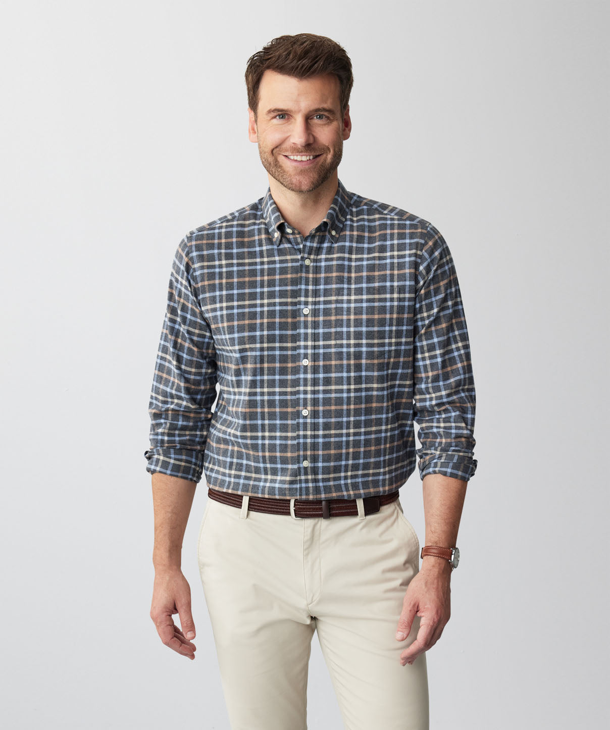 Brushed Twill Melange Check Long Sleeve Shirt - Charcoal Melange - Long ...