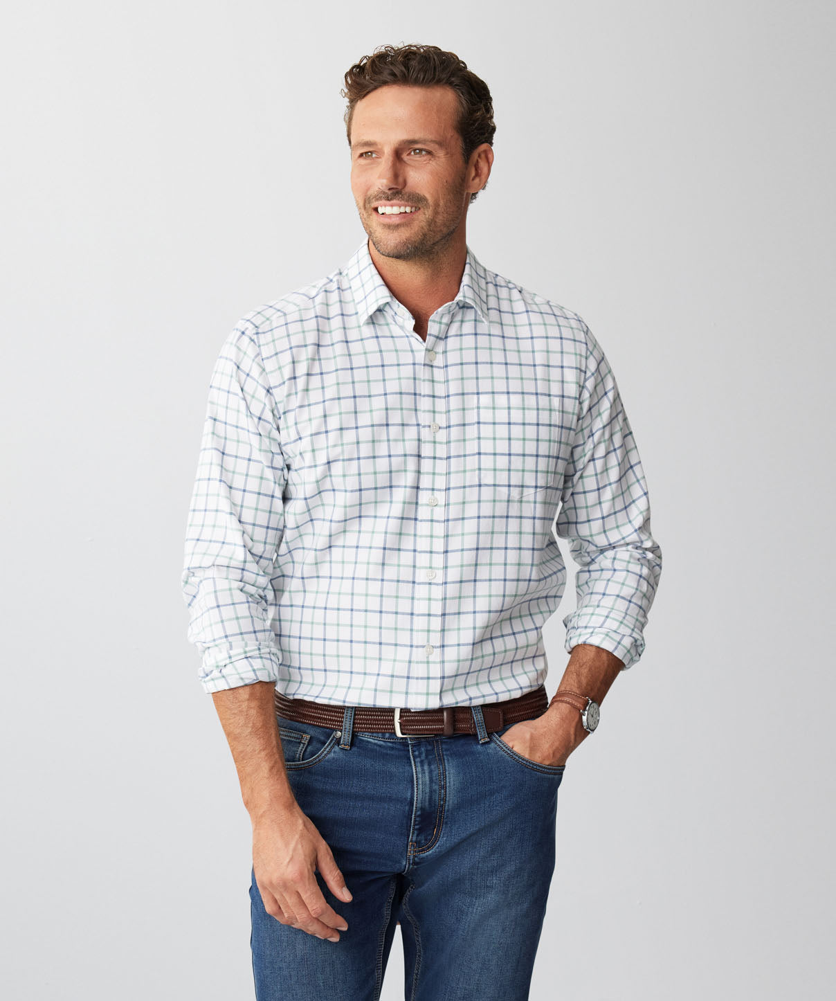 Brushed Twill Check Long Sleeve Shirt - White - Long Sleeve Shirts - GAZMAN