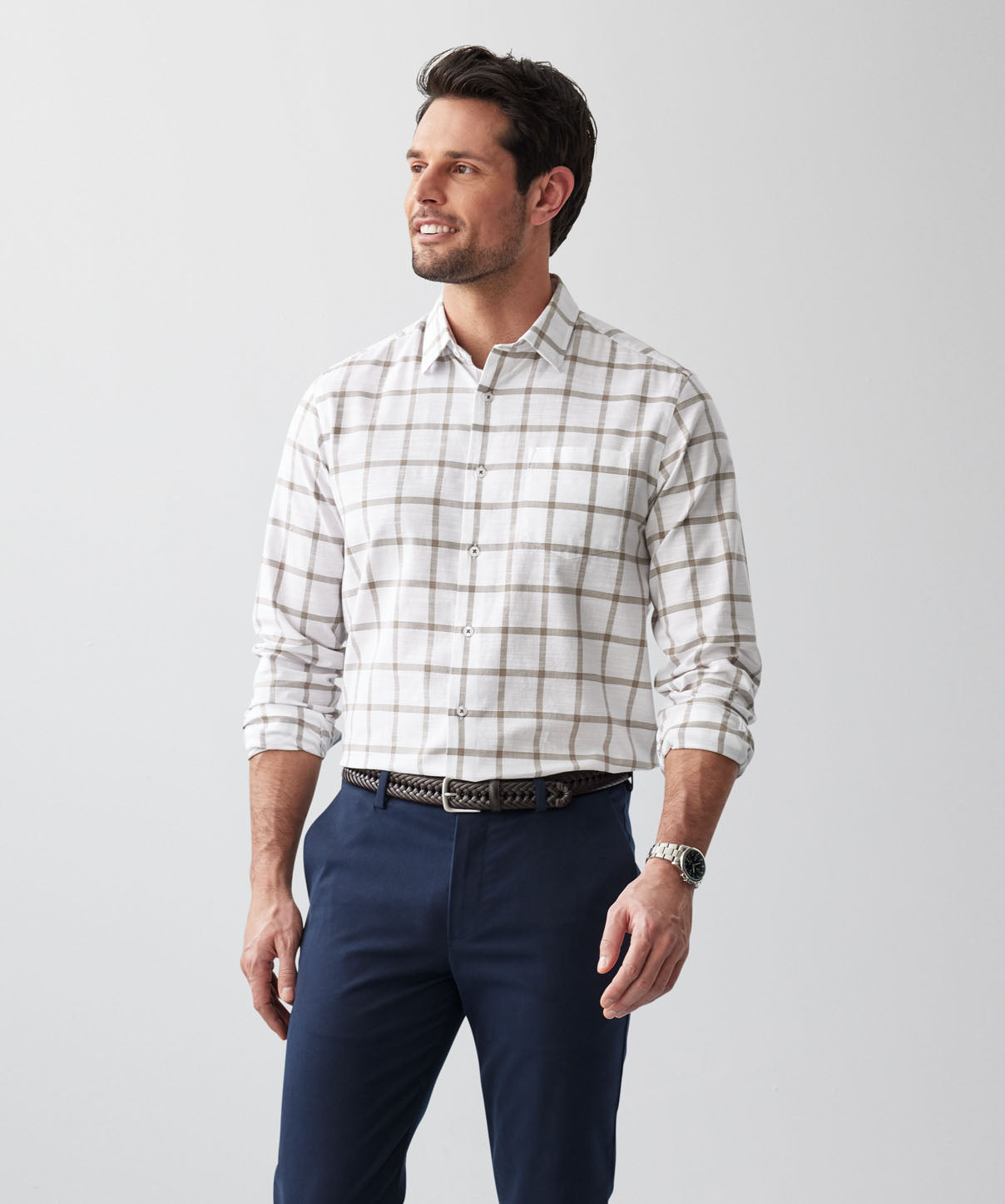 CasualWindowPaneCheckLongSleeveShirt-Sand