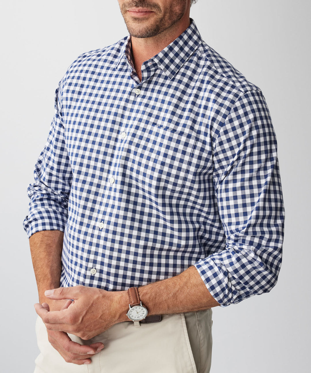 Easy Care Melange Gingham Long Sleeve Shirt - Navy - Long Sleeve 