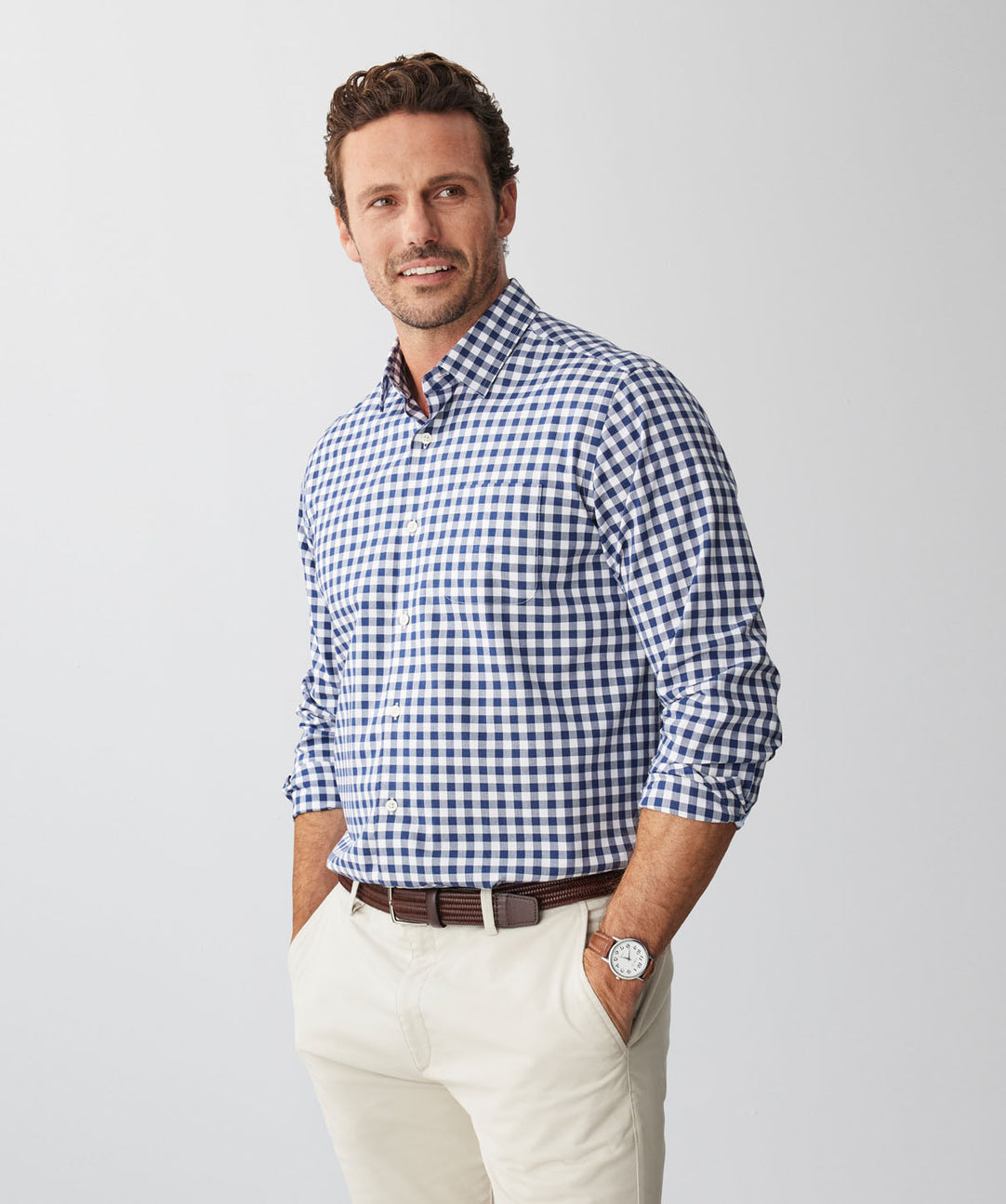 Easy Care Melange Gingham Long Sleeve Shirt - Navy