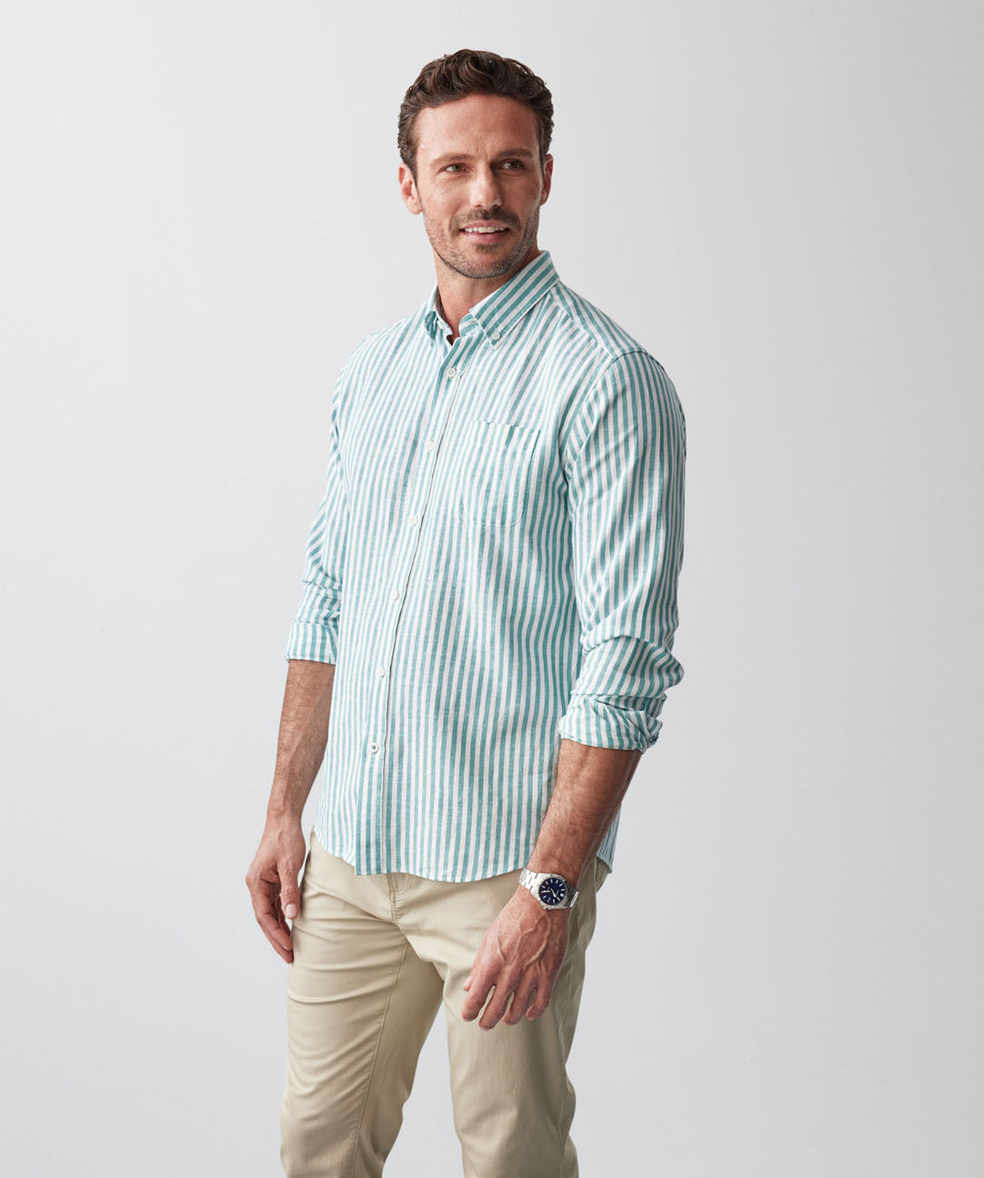 Casual Linen Blend Stripe Long Sleeve Shirt - Green - Long Sleeve Shirts -  GAZMAN