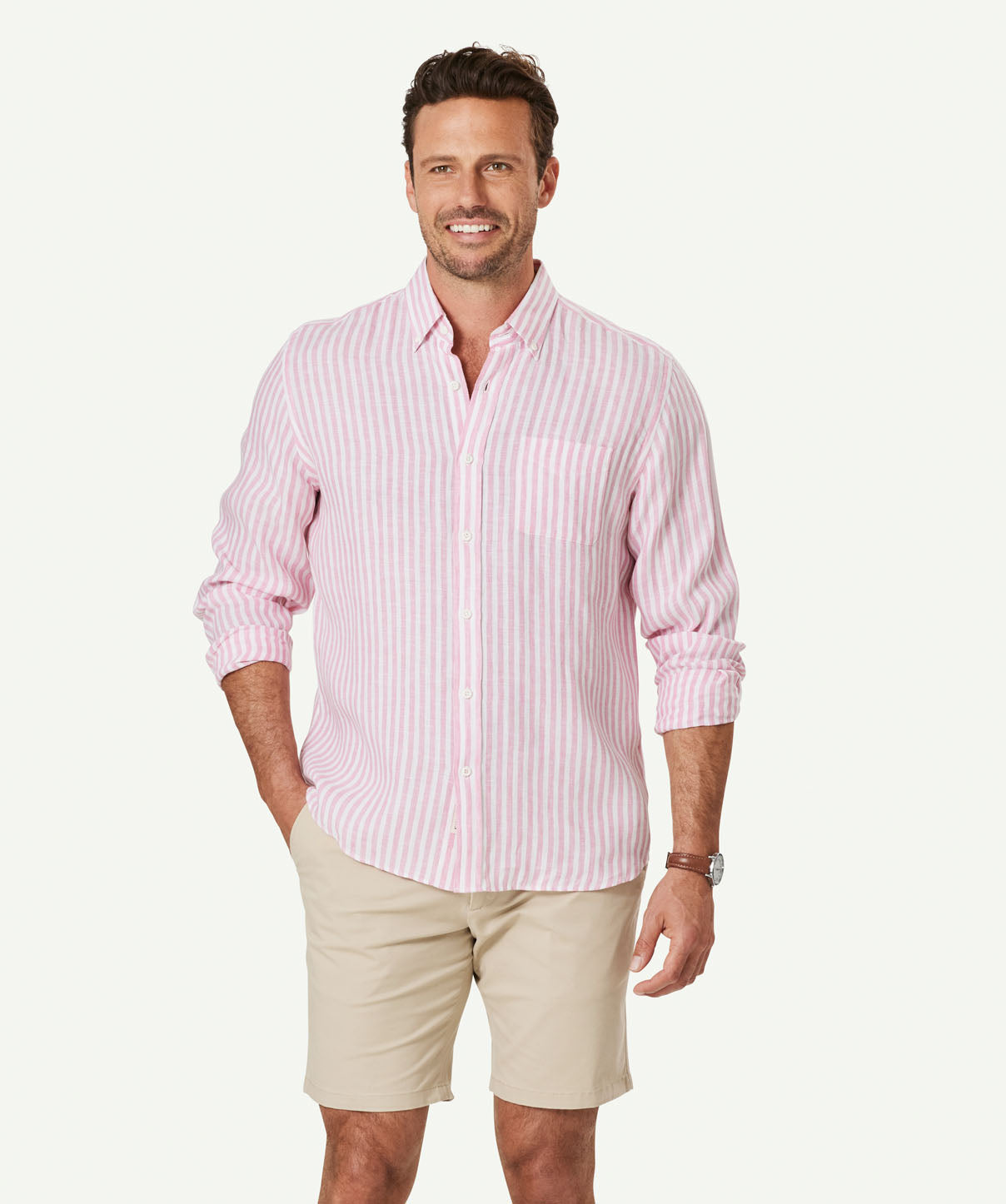 French Linen Stripe Long Sleeve Shirt - Pink - Long Sleeve Shirts - GAZMAN
