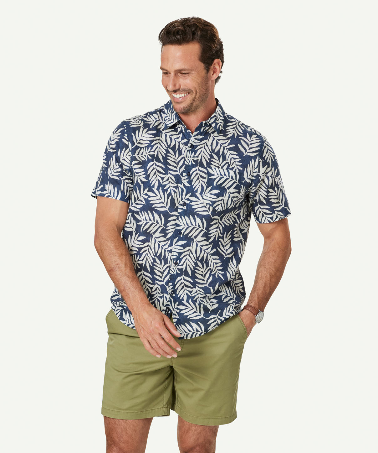 Linen Blend Leaf Print Short Sleeve Shirt - Navy - Short Sleeve Shirts ...