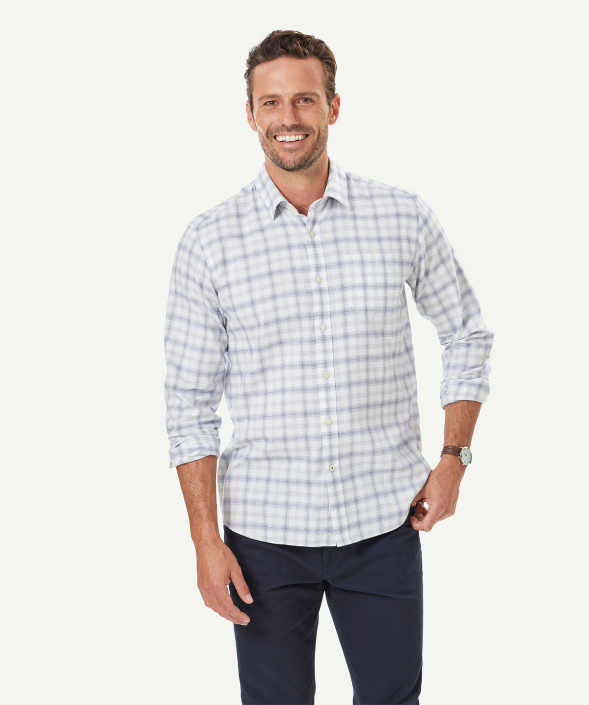 Brushed Twill Ombre Check Long Sleeve Shirt - White - Long Sleeve