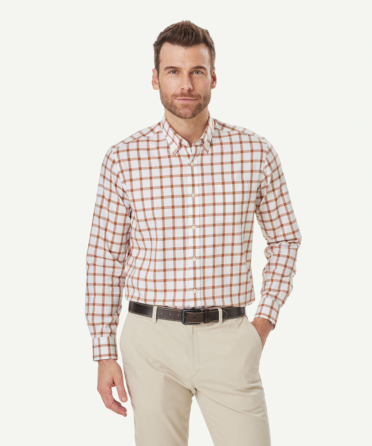 Easy Care Twill Melange Check Long Sleeve Shirt - Chestnut - Long