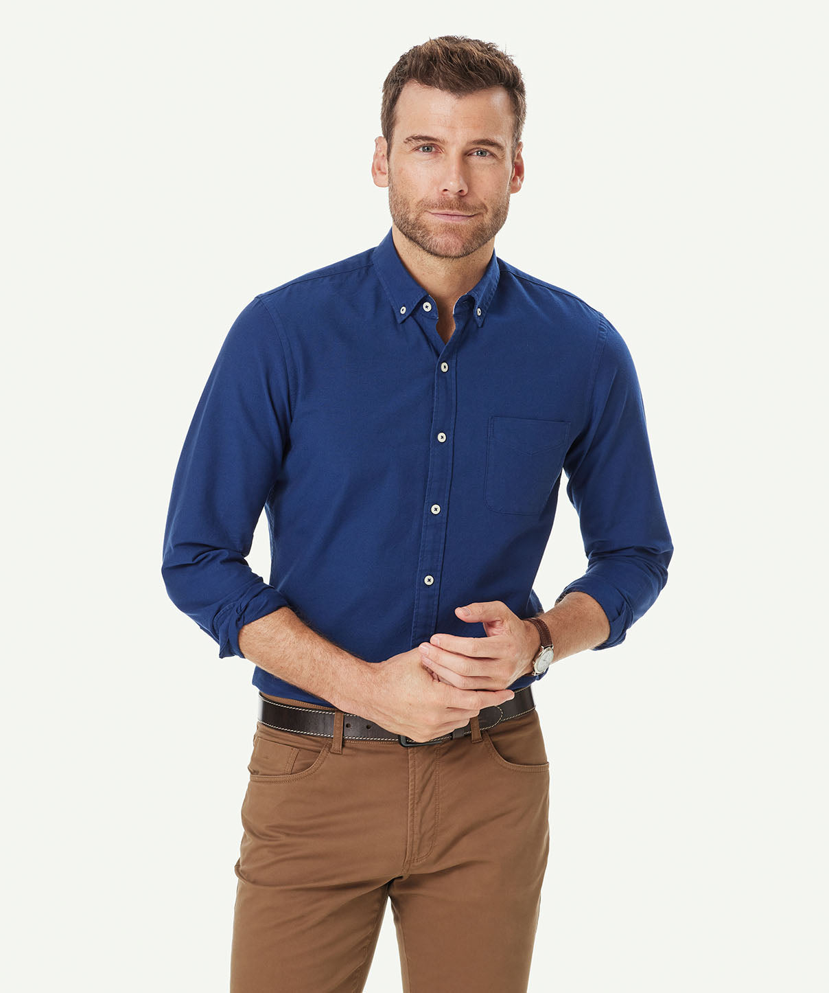 Tailored Plain Casual Oxford Long Sleeve Shirt - French Navy - Long ...