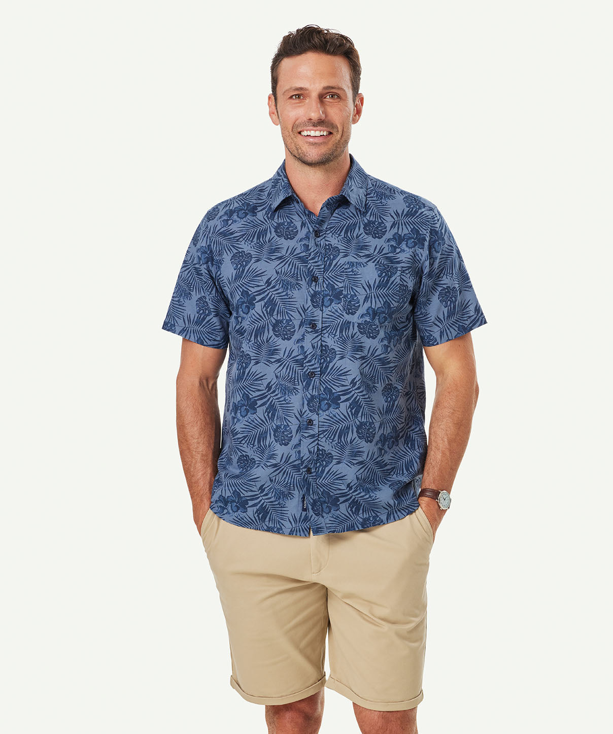 Linen Blend Hibiscus Print Short Sleeve Shirt - Chambray - Short Sleeve ...