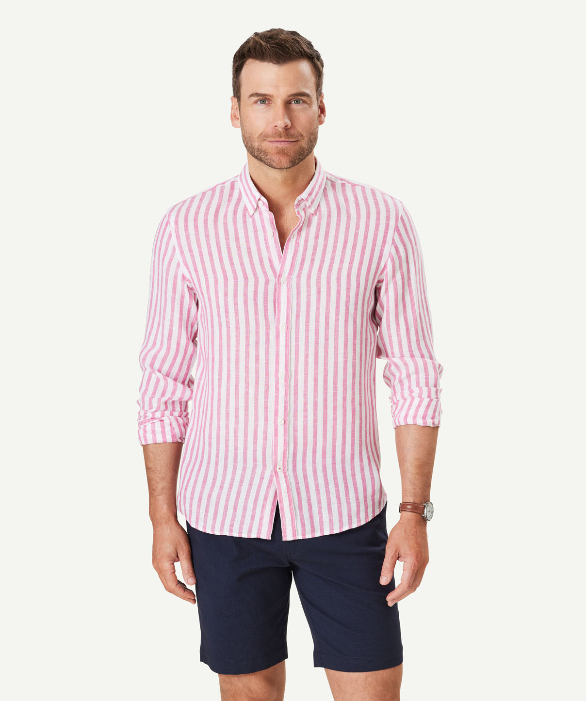 Tailored French Linen Stripe Long Sleeve Shirt - Fuchsia - Long Sleeve ...
