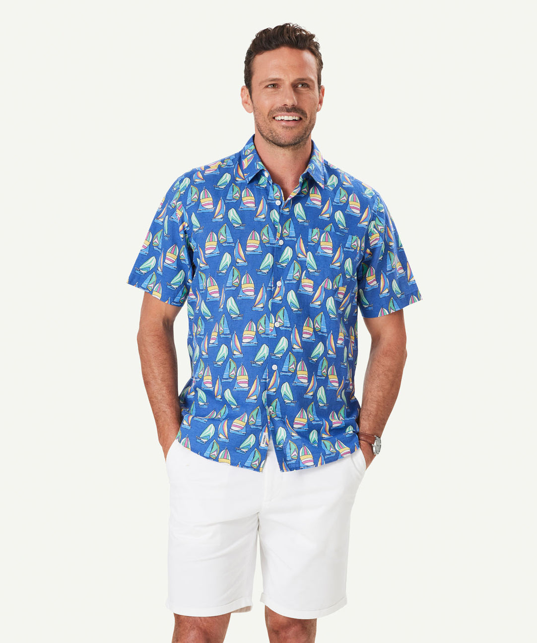 Linen Blend Sailing Print Short Sleeve Shirt - Royal - Short