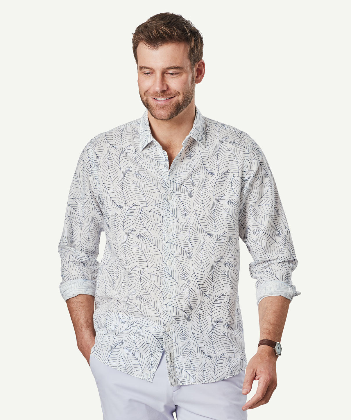 Linen Blend Fern Print Long Sleeve Shirt - White - Long Sleeve Shirts ...