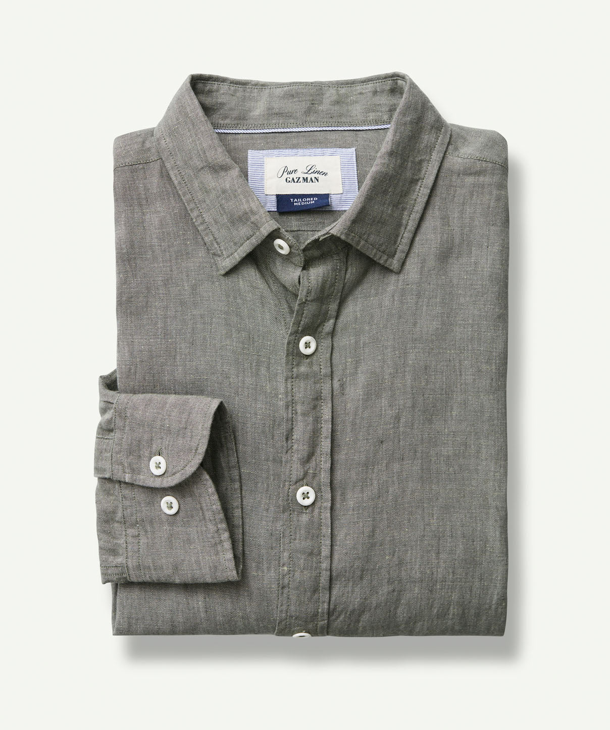 Tailored Pure French Linen Long Sleeve Shirt - Khaki - Long Sleeve ...