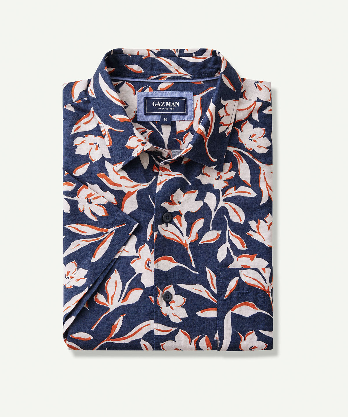 Linen Blend Floral Print Short Sleeve Shirt - Navy - Short Sleeve
