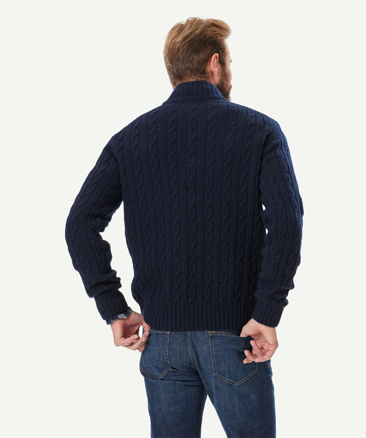 Wool Blend Cable Button Neck Knit - Navy - Knitwear - GAZMAN