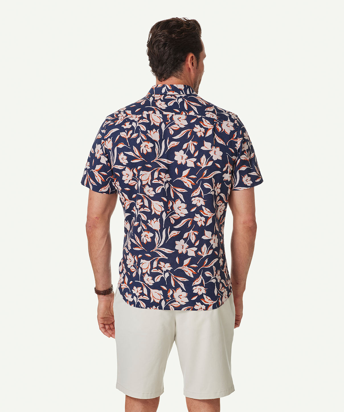 Linen Blend Floral Print Short Sleeve Shirt - Navy - Short Sleeve ...