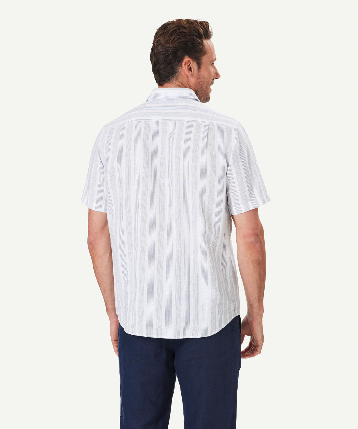 Linen Blend Varigated Stripe Short Sleeve Shirt - White - Short Sleeve ...