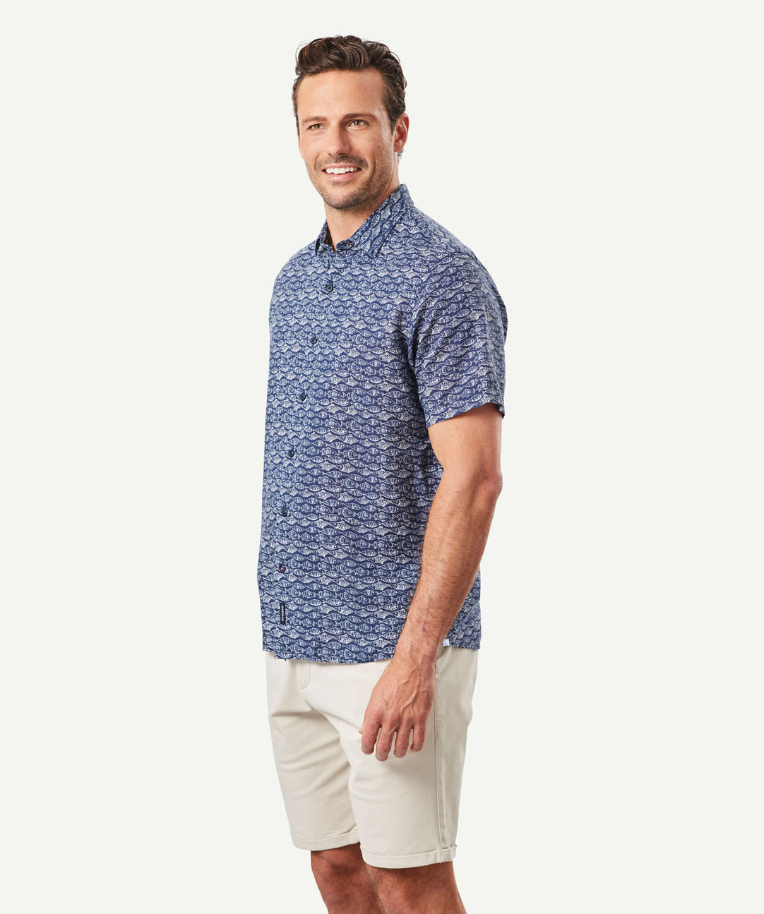 Linen Blend Fish Print Short Sleeve Shirt - Navy - Short Sleeve Shirts -  GAZMAN